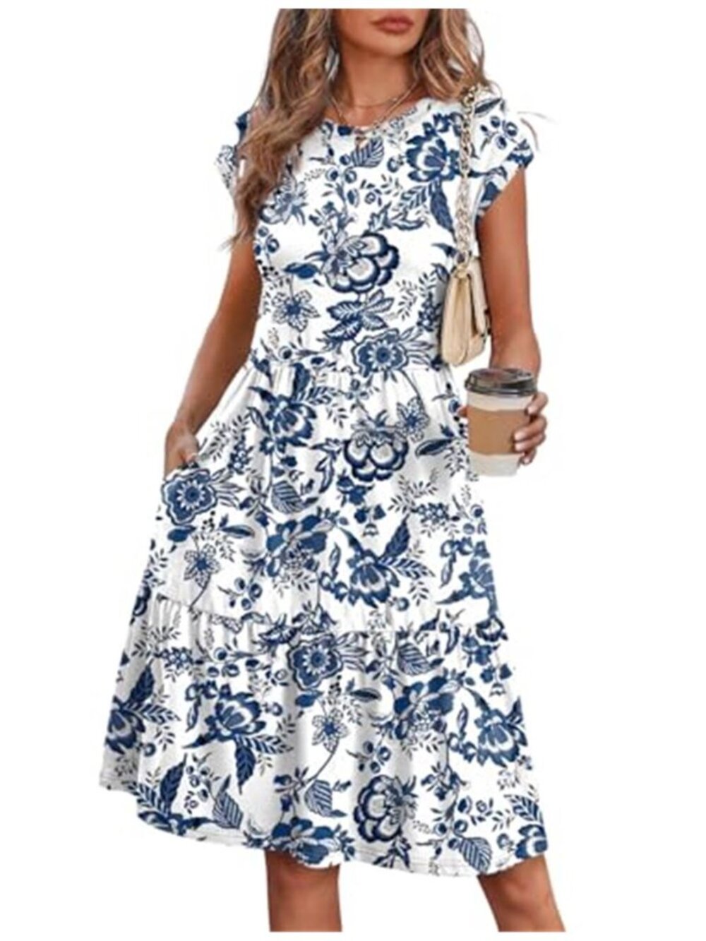 WIHOLL Blue Floral Tiered Midi Dress Cap Sleeve Swing Sundress